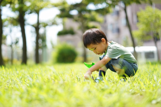 野原で遊ぶ凸凹児